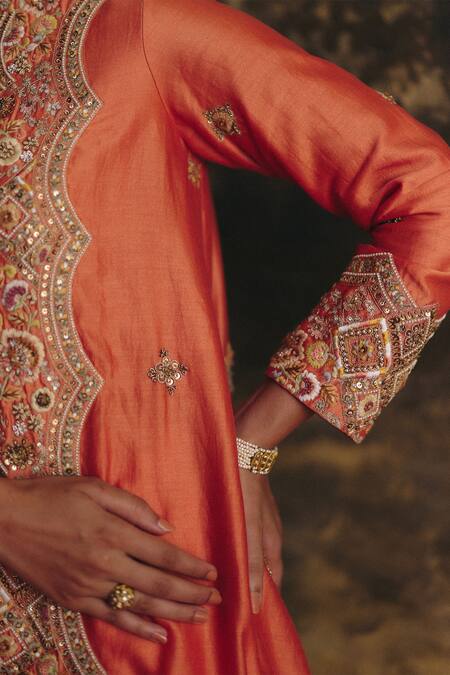 Buy_Petticoat Lane By Divya_Orange Chanderi, Satin, Brocade Pearls, Sequins, High Low Kurta And Dhoti Pant Set _Online_at_Aza_Fashions