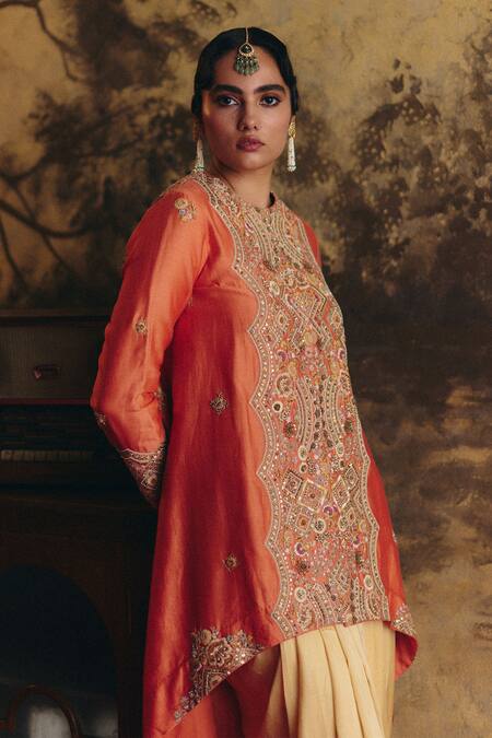 Shop_Petticoat Lane By Divya_Orange Chanderi, Satin, Brocade Pearls, Sequins, High Low Kurta And Dhoti Pant Set _Online_at_Aza_Fashions