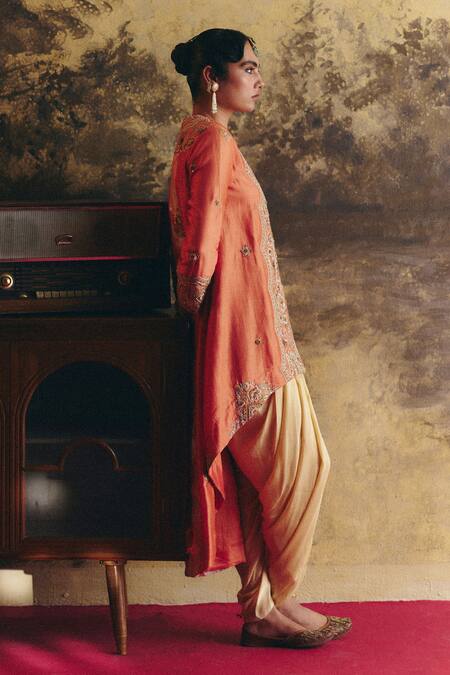 Petticoat Lane By Divya_Orange Chanderi, Satin, Brocade Pearls, Sequins, High Low Kurta And Dhoti Pant Set _at_Aza_Fashions