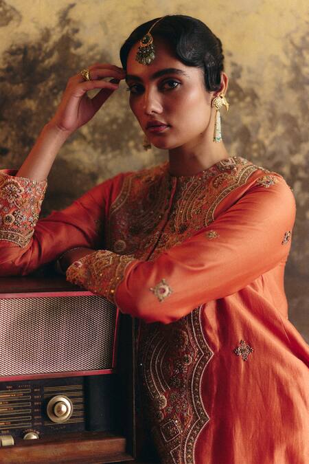 Buy_Petticoat Lane By Divya_Orange Chanderi, Satin, Brocade Pearls, Sequins, High Low Kurta And Dhoti Pant Set 
