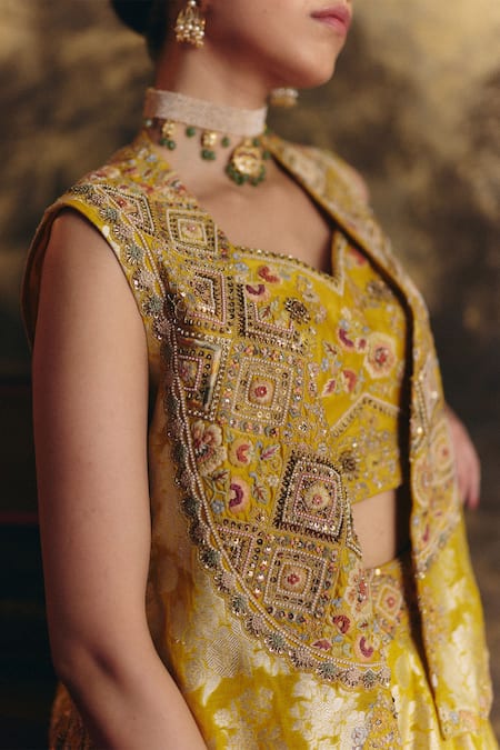 Buy Petticoat Lane By Divya Yellow Brocade, Chanderi Pearls, Sequins, Embroidery Jacket Palazzo Set Online at Aza Fashions Buy_Petticoat Lane By Divya_Yellow Brocade, Chanderi Pearls, Sequins, Embroidery Jacket Palazzo Set _Online_at_Aza_Fashions