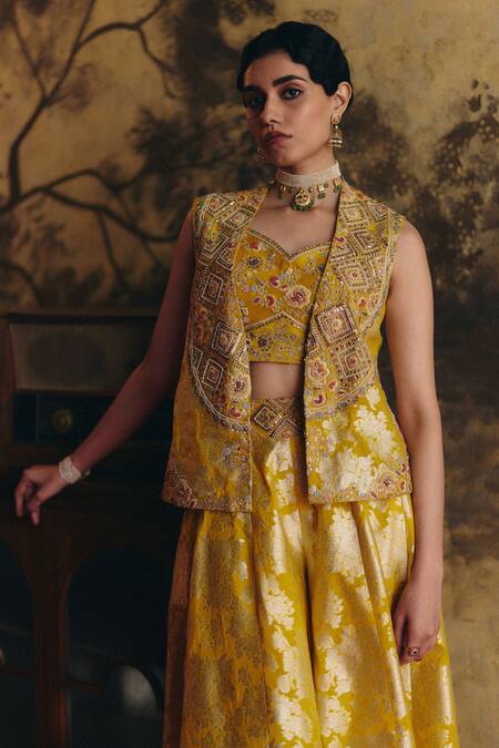 Shop Petticoat Lane By Divya Yellow Brocade, Chanderi Pearls, Sequins, Embroidery Jacket Palazzo Set Online at Aza Fashions Shop_Petticoat Lane By Divya_Yellow Brocade, Chanderi Pearls, Sequins, Embroidery Jacket Palazzo Set _Online_at_Aza_Fashions
