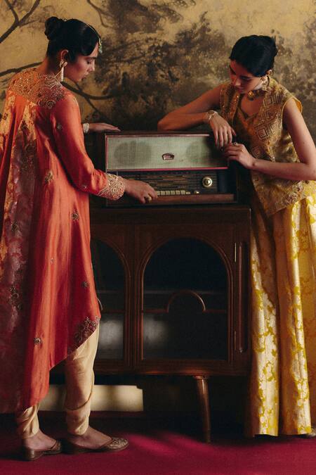 Petticoat Lane By Divya Yellow Brocade, Chanderi Pearls, Sequins, Embroidery Jacket Palazzo Set at Aza Fashions Petticoat Lane By Divya_Yellow Brocade, Chanderi Pearls, Sequins, Embroidery Jacket Palazzo Set _at_Aza_Fashions