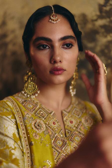 Shop_Petticoat Lane By Divya_Green Organza, Chanderi, Brocade Pearls, Sequins, A-line Kurta Set With Dupatta _Online_at_Aza_Fashions