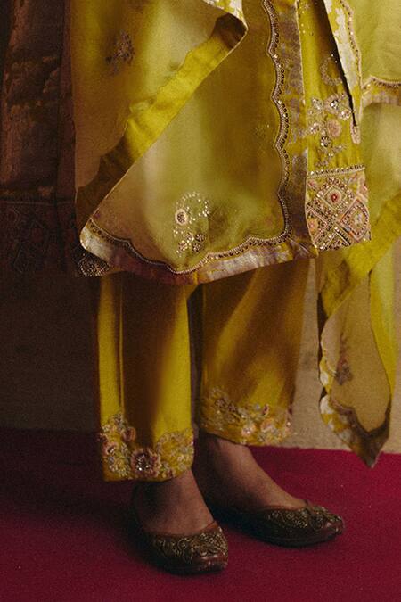 Petticoat Lane By Divya_Green Organza, Chanderi, Brocade Pearls, Sequins, A-line Kurta Set With Dupatta _at_Aza_Fashions