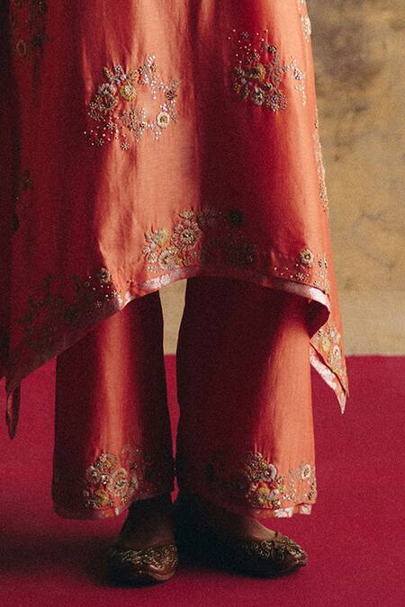 Buy_Petticoat Lane By Divya_Orange Chanderi, Brocade Pearls, Sequins, Embroidery High Low Kurta And Pant Set _Online_at_Aza_Fashions