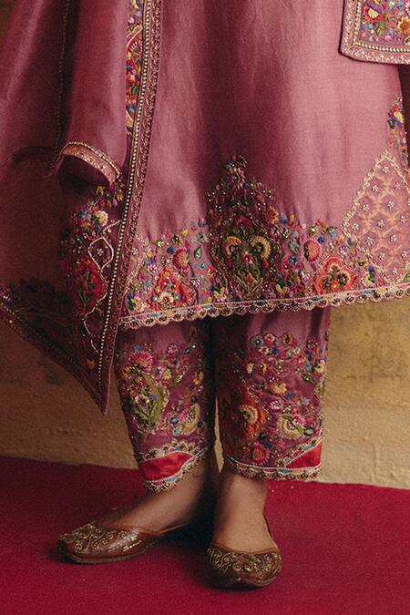 Petticoat Lane By Divya_Purple Organza, Chanderi Pearls, Sequins, Embroidery Floral Resham Kurta Set _Online_at_Aza_Fashions