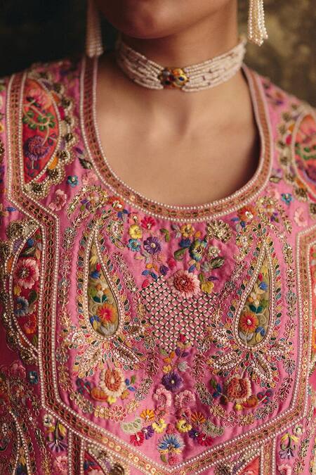Buy_Petticoat Lane By Divya_Pink Organza, Chanderi Pearls, Sequins, Embroidery Round And Resham Kurta Set _Online_at_Aza_Fashions