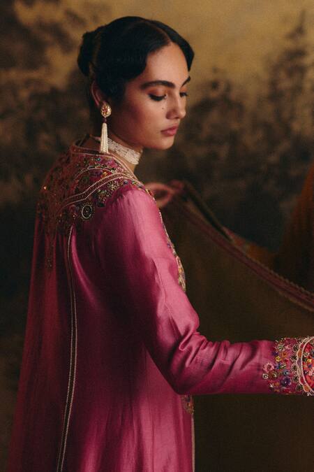 Shop_Petticoat Lane By Divya_Pink Organza, Chanderi Pearls, Sequins, Embroidery Round And Resham Kurta Set _Online_at_Aza_Fashions