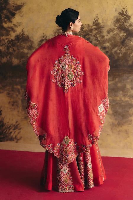 Petticoat Lane By Divya Red Resham & Pearl Embroidered Cape Sharara Set 