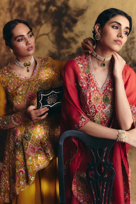 Buy_Petticoat Lane By Divya_Red Organza, Chanderi Pearls, Sequins Resham And Embroidered Cape Sharara Set _Online_at_Aza_Fashions