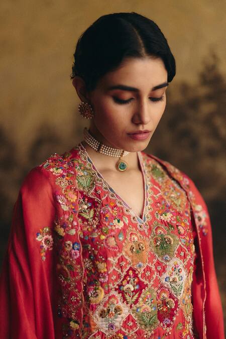 Petticoat Lane By Divya_Red Organza, Chanderi Pearls, Sequins Resham And Embroidered Cape Sharara Set _at_Aza_Fashions