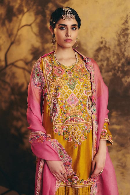 Petticoat Lane By Divya Floral Patchwork Kurta & Crushed Skirt Set 