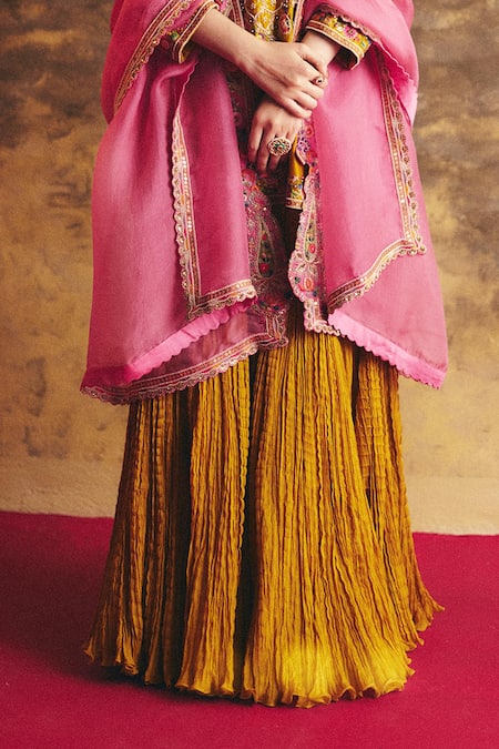 Buy_Petticoat Lane By Divya_Yellow Organza, Chanderi Pearls, Floral Patchwork Kurta And Crushed Skirt Set _Online_at_Aza_Fashions