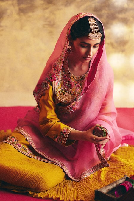 Petticoat Lane By Divya_Yellow Organza, Chanderi Pearls, Floral Patchwork Kurta And Crushed Skirt Set _at_Aza_Fashions