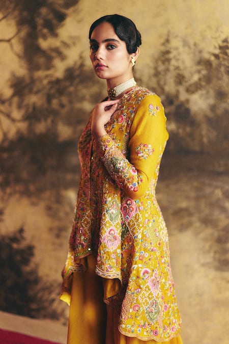 Petticoat Lane By Divya Embroidered Yellow Peplum Kurta & Sharara Set 