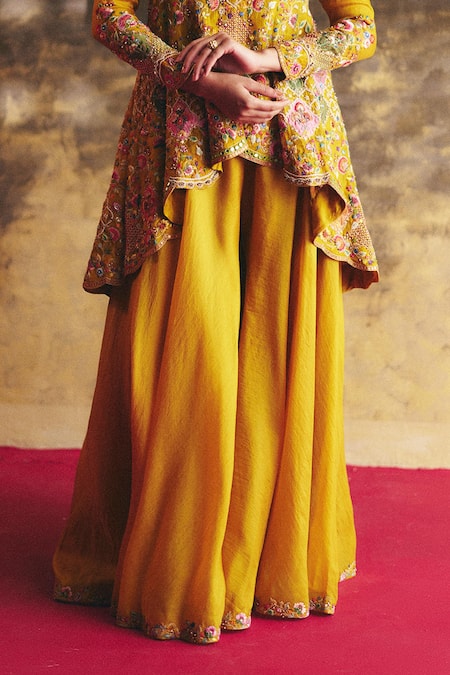 Buy Petticoat Lane By Divya Yellow Organza Pearls, Sequins V-neck Embroidered Peplum Kurta And Sharara Set Online at Aza Fashions Buy_Petticoat Lane By Divya_Yellow Organza Pearls, Sequins V-neck Embroidered Peplum Kurta And Sharara Set _Online_at_Aza_Fashions