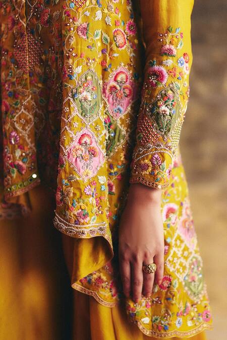 Shop Petticoat Lane By Divya Yellow Organza Pearls, Sequins V-neck Embroidered Peplum Kurta And Sharara Set Online at Aza Fashions Shop_Petticoat Lane By Divya_Yellow Organza Pearls, Sequins V-neck Embroidered Peplum Kurta And Sharara Set _Online_at_Aza_Fashions