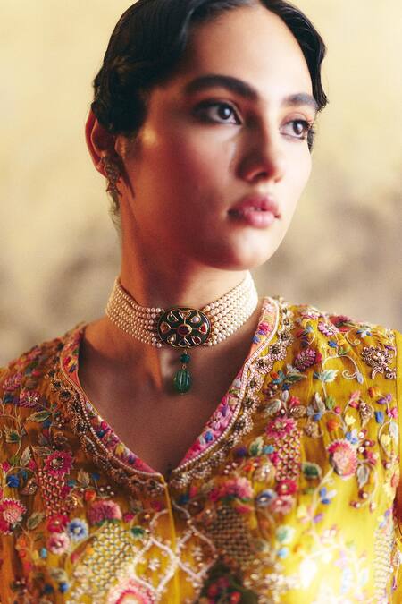 Petticoat Lane By Divya Yellow Organza Pearls, Sequins V-neck Embroidered Peplum Kurta And Sharara Set at Aza Fashions Petticoat Lane By Divya_Yellow Organza Pearls, Sequins V-neck Embroidered Peplum Kurta And Sharara Set _at_Aza_Fashions