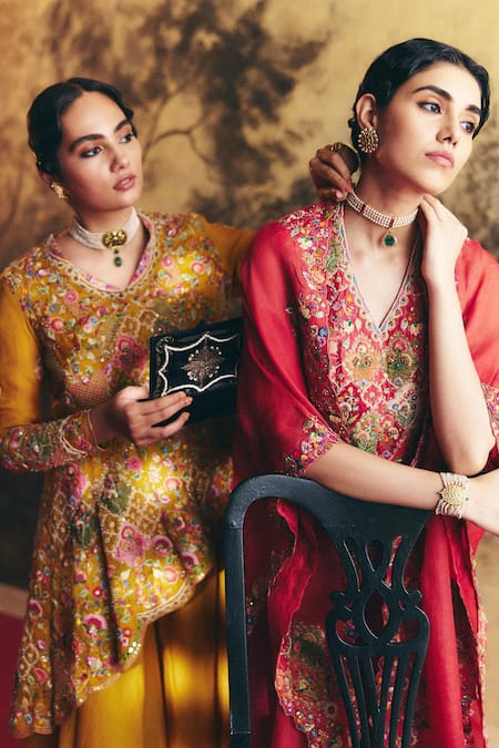 Buy Petticoat Lane By Divya Yellow Organza Pearls, Sequins V-neck Embroidered Peplum Kurta And Sharara Set Buy_Petticoat Lane By Divya_Yellow Organza Pearls, Sequins V-neck Embroidered Peplum Kurta And Sharara Set