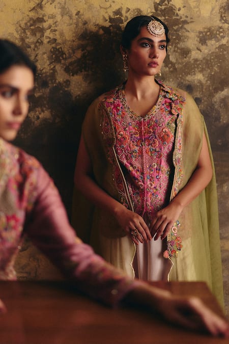 Petticoat Lane By Divya_Pink Chanderi, Satin, Organza Sequins, Pearls, Embroidery Cape Dhoti Pant Set _Online_at_Aza_Fashions