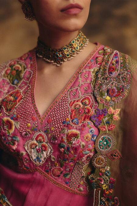 Buy_Petticoat Lane By Divya_Pink Organza Pearls, Sequins, Embroidery V-neck Floral Anarkali Set _Online_at_Aza_Fashions