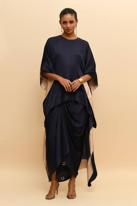 R. Y By Rishi And Vibhuti_Navy Modal Round Neck Asymmetric Kaftan Top And Pant Set_Online_at_Aza_Fashions