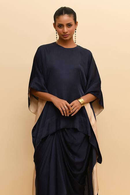 Buy_R. Y By Rishi And Vibhuti_Navy Modal Round Neck Asymmetric Kaftan Top And Pant Set_Online_at_Aza_Fashions