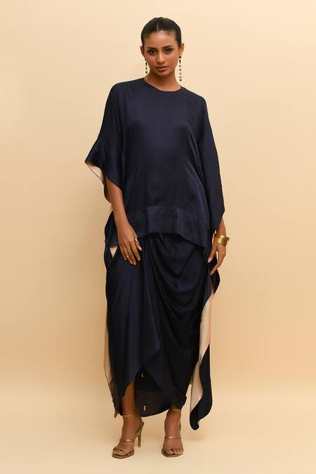 Shop_R. Y By Rishi And Vibhuti_Navy Modal Round Neck Asymmetric Kaftan Top And Pant Set_Online_at_Aza_Fashions