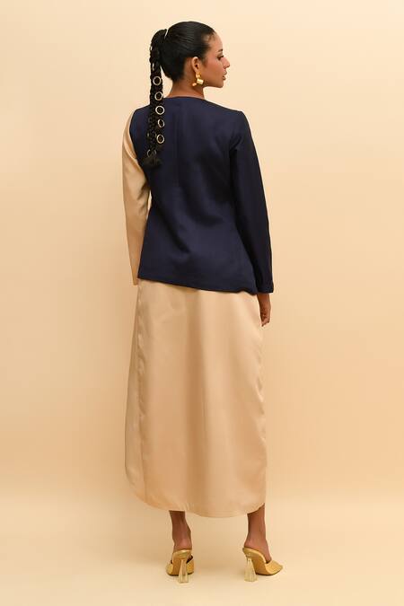 Shop R. Y By Rishi And Vibhuti Beige , Satin Colorblock Wave Blazer And Asymmetric Skirt at Aza Fashions Shop_R. Y By Rishi And Vibhuti_Beige , Satin Colorblock Wave Blazer And Asymmetric Skirt_at_Aza_Fashions