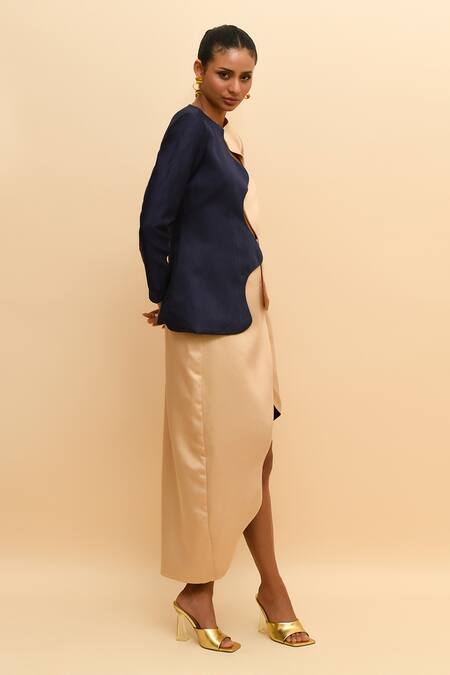 R. Y By Rishi And Vibhuti Beige , Satin Colorblock Wave Blazer And Asymmetric Skirt Online at Aza Fashions R. Y By Rishi And Vibhuti_Beige , Satin Colorblock Wave Blazer And Asymmetric Skirt_Online_at_Aza_Fashions
