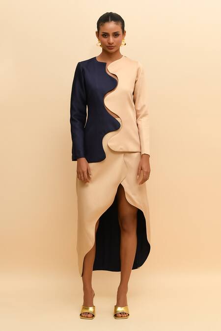 Buy R. Y By Rishi And Vibhuti Beige , Satin Colorblock Wave Blazer And Asymmetric Skirt Online at Aza Fashions Buy_R. Y By Rishi And Vibhuti_Beige , Satin Colorblock Wave Blazer And Asymmetric Skirt_Online_at_Aza_Fashions