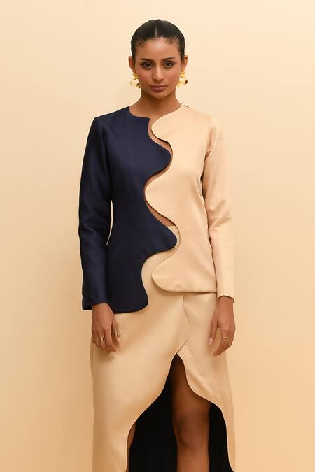 Shop R. Y By Rishi And Vibhuti Beige , Satin Colorblock Wave Blazer And Asymmetric Skirt Online at Aza Fashions Shop_R. Y By Rishi And Vibhuti_Beige , Satin Colorblock Wave Blazer And Asymmetric Skirt_Online_at_Aza_Fashions