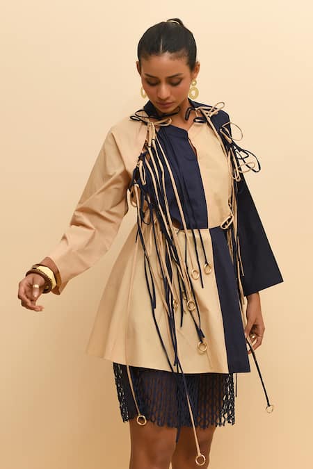 R. Y By Rishi And Vibhuti Beige Cotton, Poplin Mandarin Collar Lace Detail Colorblock Dress Online at Aza Fashions R. Y By Rishi And Vibhuti_Beige Cotton, Poplin Mandarin Collar Lace Detail Colorblock Dress_Online_at_Aza_Fashions