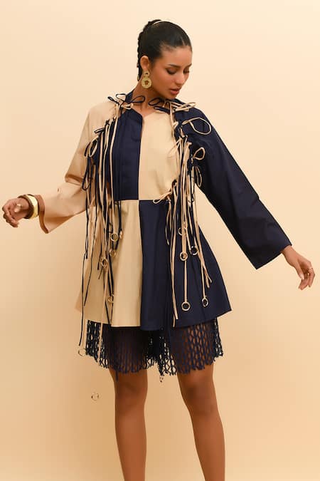 Buy R. Y By Rishi And Vibhuti Beige Cotton, Poplin Mandarin Collar Lace Detail Colorblock Dress Online at Aza Fashions Buy_R. Y By Rishi And Vibhuti_Beige Cotton, Poplin Mandarin Collar Lace Detail Colorblock Dress_Online_at_Aza_Fashions