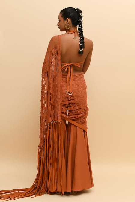 Shop R. Y By Rishi And Vibhuti Orange Cotton Halter Neck Mesh Pre-draped Pant Saree Set at Aza Fashions Shop_R. Y By Rishi And Vibhuti_Orange Cotton Halter Neck Mesh Pre-draped Pant Saree Set_at_Aza_Fashions