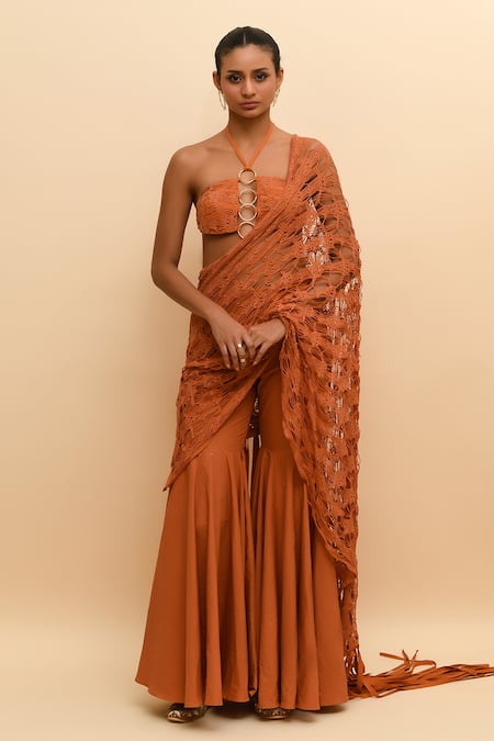 Buy R. Y By Rishi And Vibhuti Orange Cotton Halter Neck Mesh Pre-draped Pant Saree Set Online at Aza Fashions Buy_R. Y By Rishi And Vibhuti_Orange Cotton Halter Neck Mesh Pre-draped Pant Saree Set_Online_at_Aza_Fashions