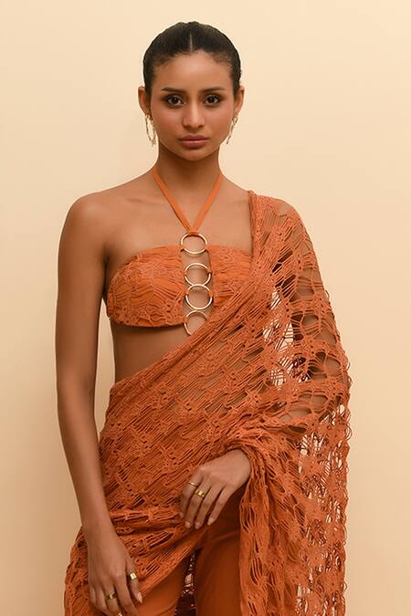 Shop R. Y By Rishi And Vibhuti Orange Cotton Halter Neck Mesh Pre-draped Pant Saree Set Online at Aza Fashions Shop_R. Y By Rishi And Vibhuti_Orange Cotton Halter Neck Mesh Pre-draped Pant Saree Set_Online_at_Aza_Fashions