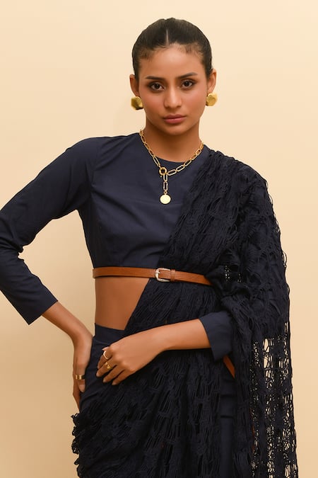 R. Y By Rishi And Vibhuti_Blue , Satin Round Neck Navy Mesh Pre-draped Pant Saree Set_Online_at_Aza_Fashions