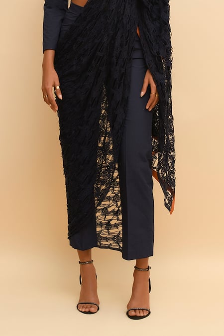 Buy_R. Y By Rishi And Vibhuti_Blue , Satin Round Neck Navy Mesh Pre-draped Pant Saree Set_Online_at_Aza_Fashions
