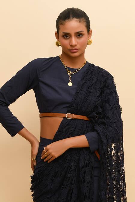 Shop_R. Y By Rishi And Vibhuti_Blue , Satin Round Neck Navy Mesh Pre-draped Pant Saree Set_Online_at_Aza_Fashions