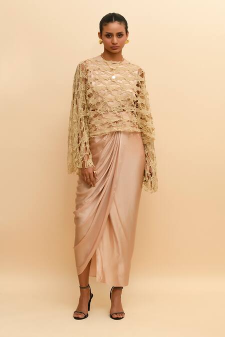 R. Y By Rishi And Vibhuti_Beige Modal, Silk Round Neck Solid Draped Dress With Overlay_Online_at_Aza_Fashions