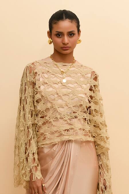 Shop_R. Y By Rishi And Vibhuti_Beige Modal, Silk Round Neck Solid Draped Dress With Overlay_Online_at_Aza_Fashions