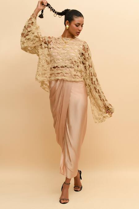 R. Y By Rishi And Vibhuti_Beige Modal, Silk Round Neck Solid Draped Dress With Overlay_at_Aza_Fashions