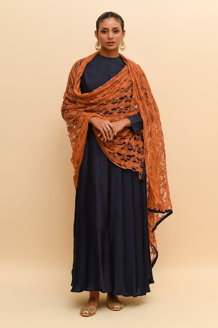 R. Y By Rishi And Vibhuti_Blue Modal, Net Round Neck Pleated Anarkali And Mesh Dupatta Set_Online_at_Aza_Fashions