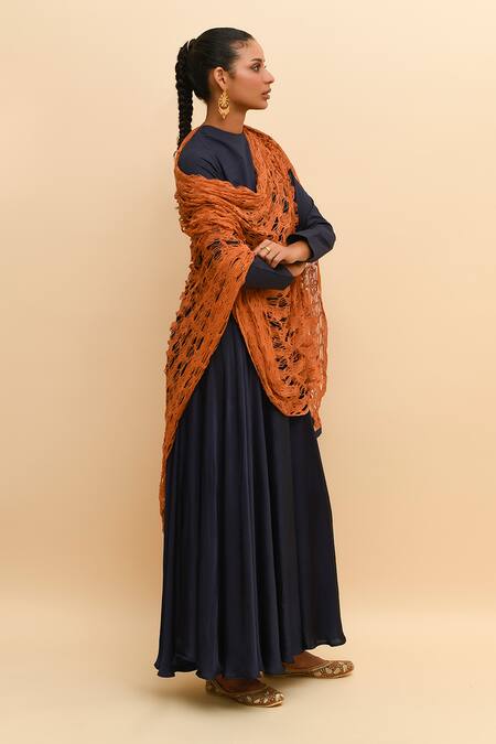 Shop_R. Y By Rishi And Vibhuti_Blue Modal, Net Round Neck Pleated Anarkali And Mesh Dupatta Set_Online_at_Aza_Fashions