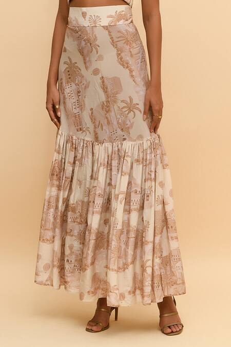 R. Y By Rishi And Vibhuti_Beige Crepe Ruffles Halter Neck Tropical Print Crop Top And Skirt Set_Online_at_Aza_Fashions