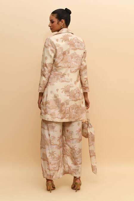 Shop R. Y By Rishi And Vibhuti Beige Crepe Collared Tropical Print Jacket And Pant Set at Aza Fashions Shop_R. Y By Rishi And Vibhuti_Beige Crepe Collared Tropical Print Jacket And Pant Set_at_Aza_Fashions