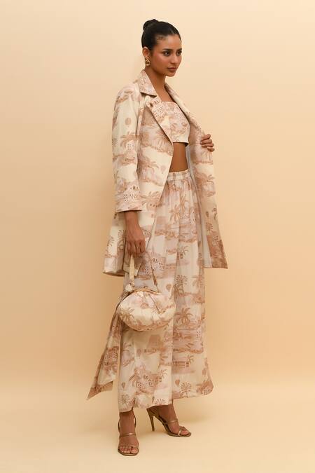 R. Y By Rishi And Vibhuti Beige Crepe Collared Tropical Print Jacket And Pant Set Online at Aza Fashions R. Y By Rishi And Vibhuti_Beige Crepe Collared Tropical Print Jacket And Pant Set_Online_at_Aza_Fashions