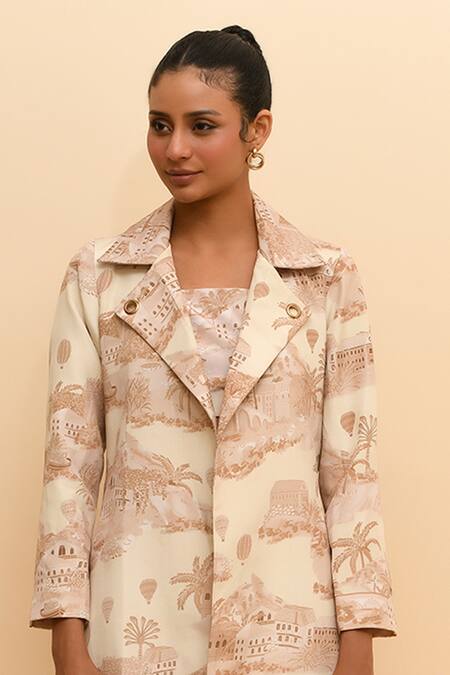 Buy R. Y By Rishi And Vibhuti Beige Crepe Collared Tropical Print Jacket And Pant Set Online at Aza Fashions Buy_R. Y By Rishi And Vibhuti_Beige Crepe Collared Tropical Print Jacket And Pant Set_Online_at_Aza_Fashions